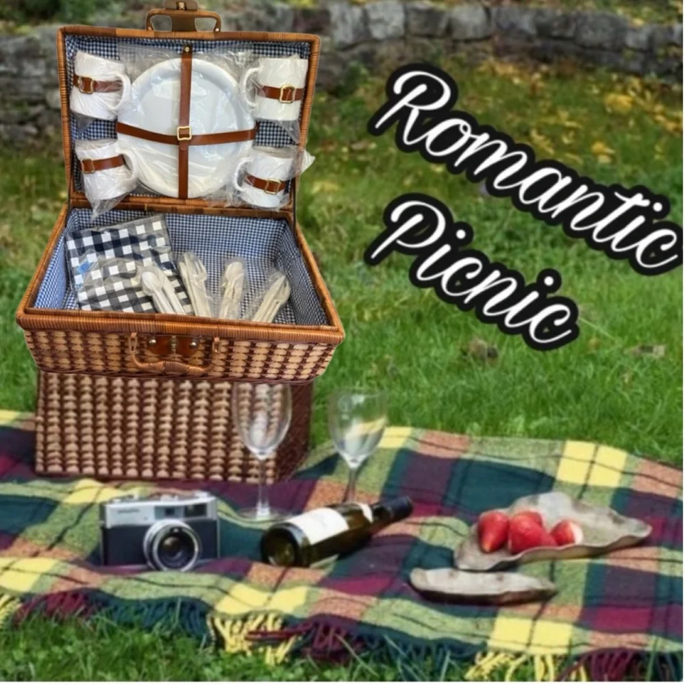 Large Woven Picnic Basket Romantic Vintage Set All Season Use Tan Blue Gingham - Picture 1 of 11